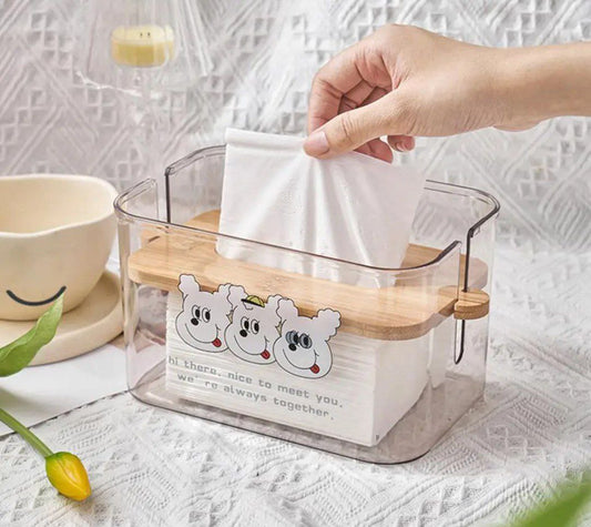 علبة مناديل أكريليك دبدوب بغطاء خشب بامبو
