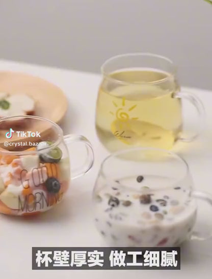 كوب زجاج بطباعة "Good Morning" – تصميم أنيق للمشروبات الساخنة،