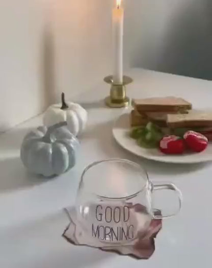 كوب زجاج بطباعة "Good Morning" – تصميم أنيق للمشروبات الساخنة،